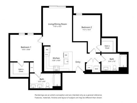 Two Bedroom Floor Plan at The Huntington Luxury Apartments in Duarte CA